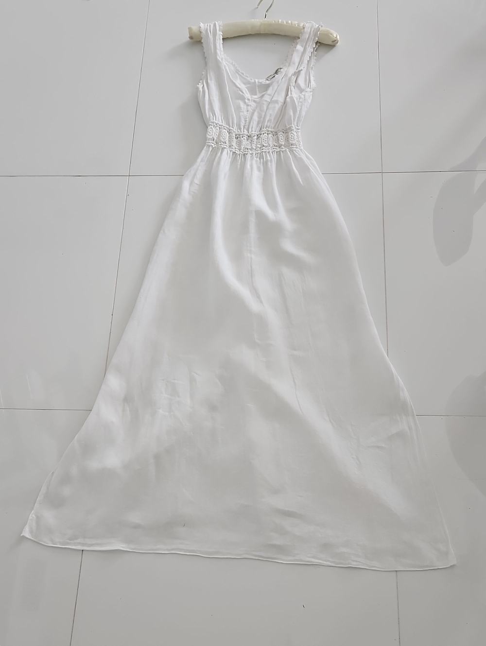 White Linen Sleeveless Maxi Dress with Smocked Waist